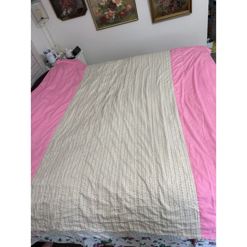 Homemade Shabby Chic Comforter Bedspread Pink Full Queen W/ 2 Short Curtains